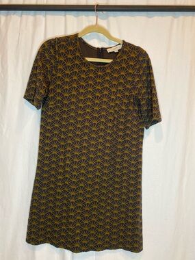 LOFT Black Mini Dress with Mustard Fan Print